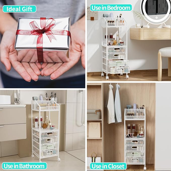 HapiRm Makeup Organizer Storage Cart - Floor Skincare Make Up Storage with 4 Drawers, Rolling Makeup Cart Vanity Organizer Cosmetics Display Cases Holder for Skin Care Perfume Nail Polish