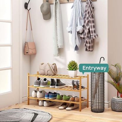 viewcare 3-Tier Long Shoe Rack, Bamboo Wood Shoe Rack for Closet, Entryway & Hallway, Stackable | Beautiful | Functional | Sturdy