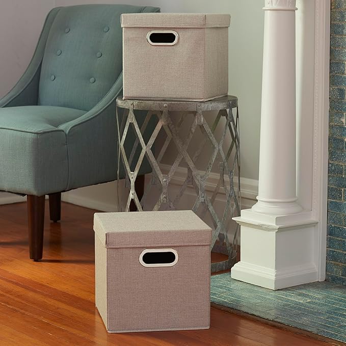 Household Essentials 804-1 Café Cube Bin Storage Set with Lids and Handles | 16 Pack | Silver Linen