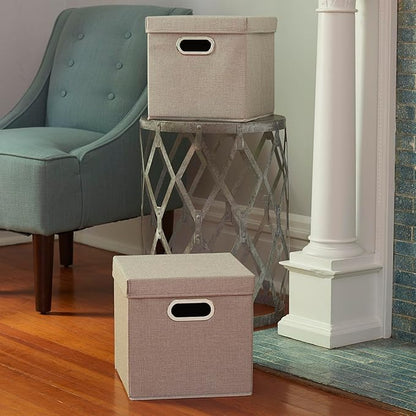 Household Essentials 804-1 Café Cube Bin Storage Set with Lids and Handles | 16 Pack | Silver Linen