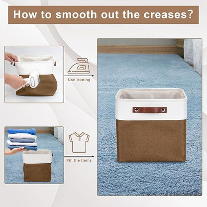 Bagnizer Collapsible Fabric Storage Cubes 11x11 Cube Storage Bins, 4 Pack Closet Baskets Box with Handles for Organizing, Shelf, Toys, Clothes, Home, Office, Nursery (Brown&White)