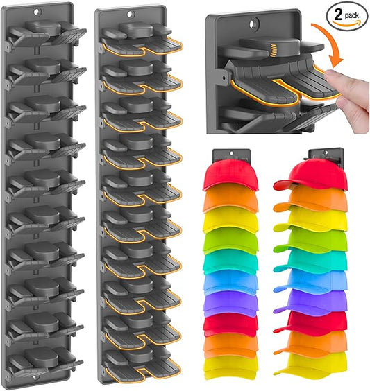 Hat Organizer for Baseball Caps 2 Packs with Built-in Spring Clips - Wall Mount Closet Hat Rack Holder,Storage for Door/Closet Display Hat Racks Hanger (Strong Adhesive & Screws) Matte Black.