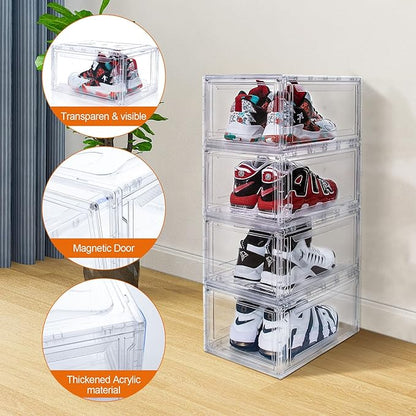 6 Pack Shoe Boxes Clear Stackable, Large Shoe Storage Boxes, Space Saving Acrylic Shoe Boxes, Foldable Shoe Container Boxes that Fits Up to Size 14 Shoes (10 Pack Transparent)