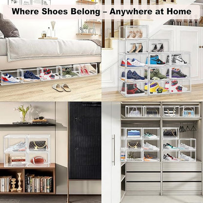 12 Pack Clear Acrylic Shoe Boxes Organizer, Extra-Thick Reinforced Stackable Shoe Storage with Magnetic Door, Dust-Proof Display Cases for Closet & Entryway, Fits up to Men’s 12, Crystal Clear