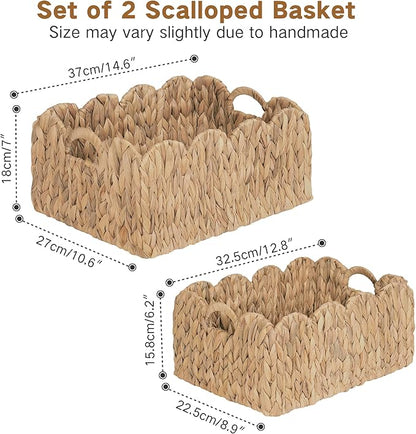 iEGrow Scalloped Wicker Basket, Set of 2 Woven Rattan Natural Water Hyacinth Baskets with Built-in Handles, Rectangle Storage Baskets for Organizing, Decor, Shelf and Nursery Room