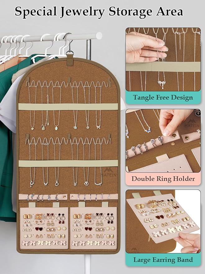 MATEIN Over the Door Jewelry Organizer with Travel Pouch, Double-Sided Hanging Necklace Earring Holder with Pockets, Large Jewelry Storage for Rings Bracelets, Beige-Brown