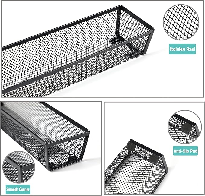 BYCY Silverware Drawer Organizer, Mesh Utensil Organizer for Kitchen Storage, Black Steel Metal Mesh Tray for Flatware Fork Spoon Knife… (9 * 3-5P-Black)