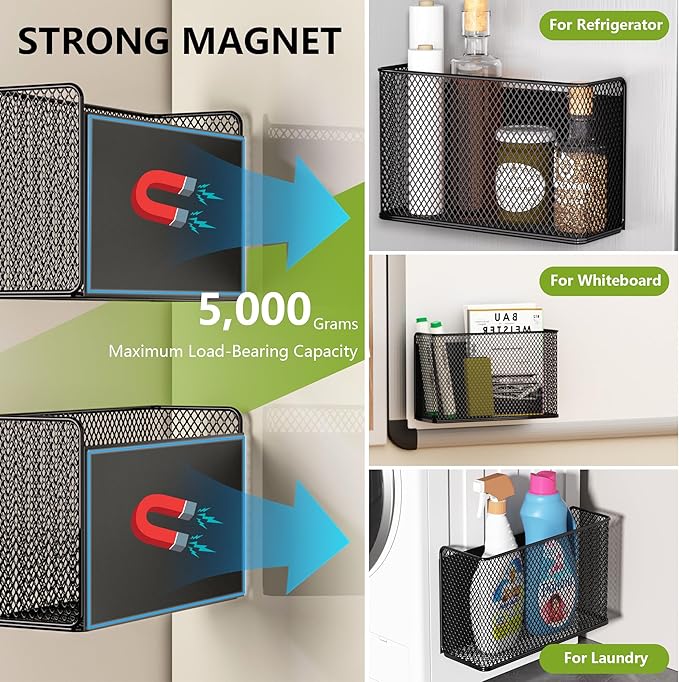 Buyyyit Magnetic Basket Fridge Lint Bin Dryer Ball Holder Laundry Room Organization Home Storage for Class Office School (Mesh，(1-Pack) Black/L)