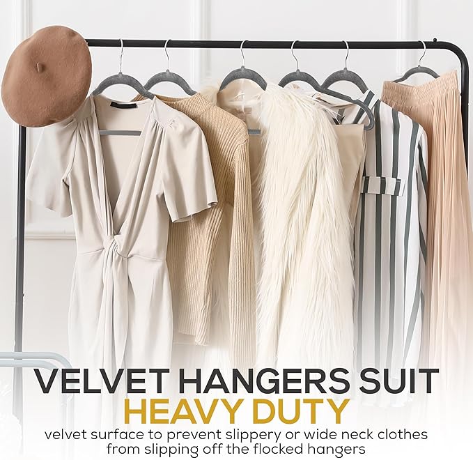 Techzoo Premium Velvet Hangers 50 Pack Ultra Thin Non Slip Adult Felt Space Saving Slim Suit Hanger for Closet Heavy Duty Coat Pants Jackets Dress Hangers 360° Swivel Hook Hold Upto 10 lbs Gray