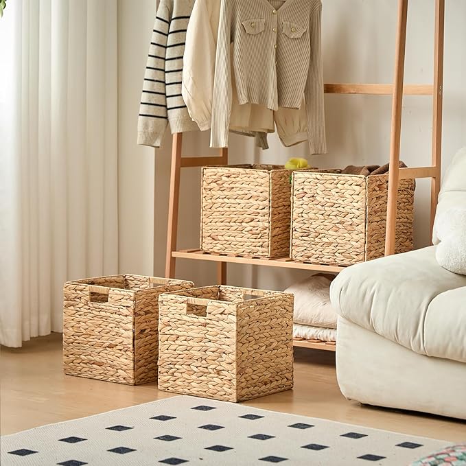 Handwoven Water Hyacinth Storage Baskets set of 4 Foldable Cube Bins Storage Oragnizer for Cabinet Shelf Bedroom Living Room (Natural, 13" L x 13" W x 13" H)