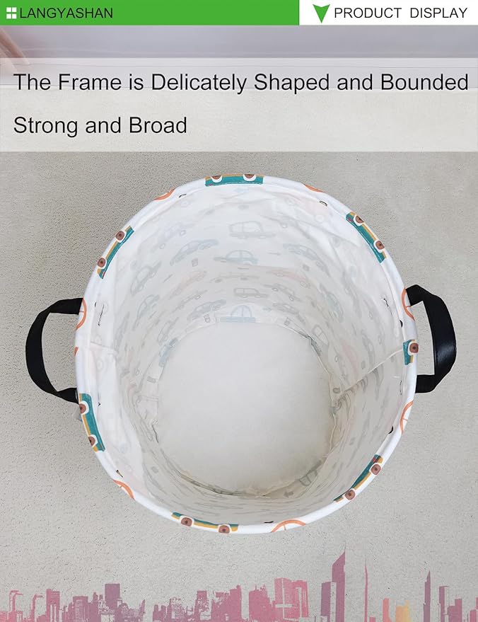 Laundry Basket Canvas Fabric Collapsible Organizer Basket for Storage Bin Toy Bins Gift Baskets Bedroom Clothes Children Nursery Hamper (Round Color Cars)
