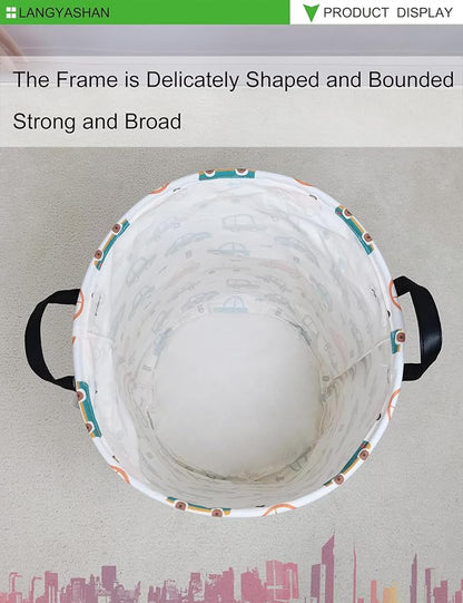 Laundry Basket Canvas Fabric Collapsible Organizer Basket for Storage Bin Toy Bins Gift Baskets Bedroom Clothes Children Nursery Hamper (Round Color Cars)