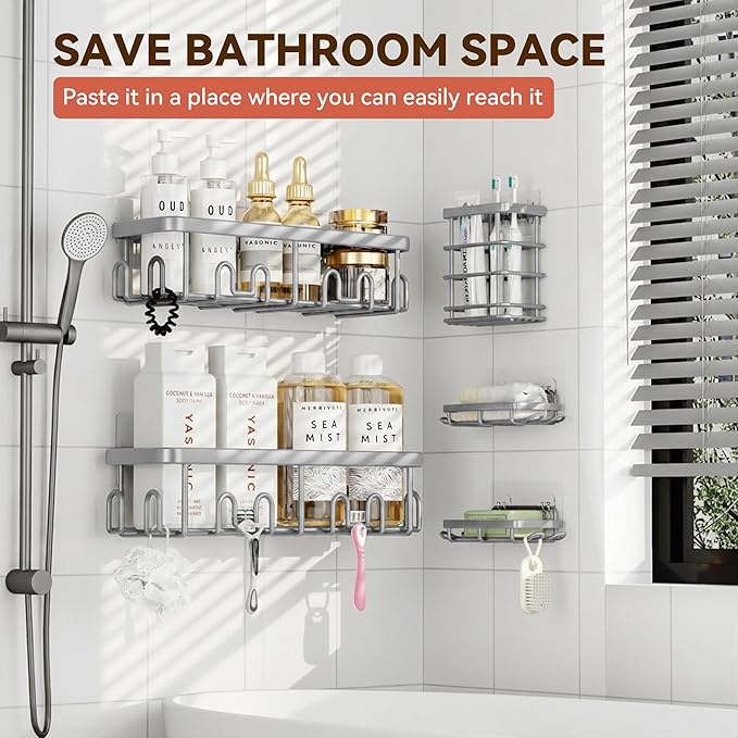 YASONIC Shower Caddy Adhesive 5-Pack, Rustproof Shower Shelves with 24 Hooks, No Drilling Shower Shelf for Inside Shower, Large Capacity Bathroom Organizers and Storage for Dorms & Renters, Grey