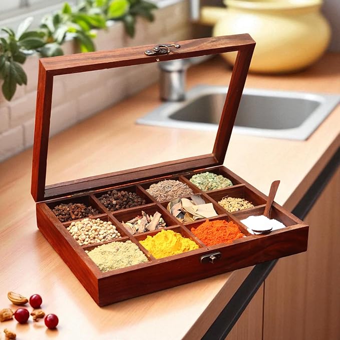 Wooden Spice Box, Masala Container, Condiments Storage Case for Kitchen, Multipurpose Decorative Box - Indian Rosewood Crafted