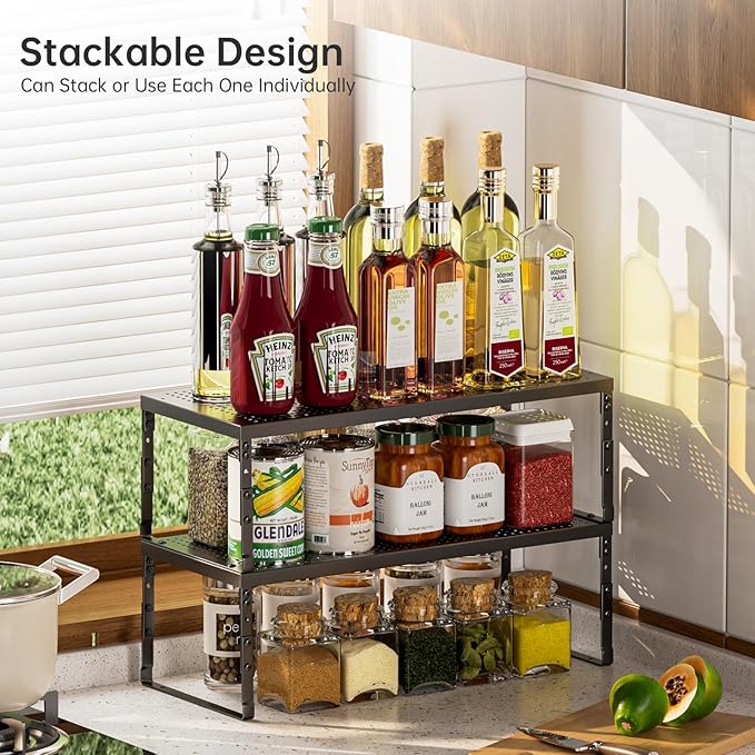 Expandable Adjustable Cabinet Shelf Organizer - Stackable Metal Spice Rack for Kitchen Pantry, Countertop, Cupboard & Bathroom (1Pack/Black,Large)