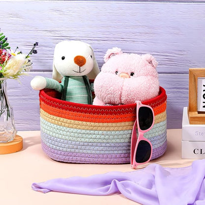 Sawysine 6Pcs Colorful Cotton Rope Laundry Hamper, Portable Storage Basket with Handle for Bathroom, Bedroom, Living Room, 12'' x 8'' x 6''