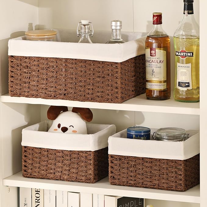 Vagusicc Wicker Basket, Set of 3 Hand-woven Storage Baskets for Organizing, Decorative Rectangle Wicker Storage Basket Bins with Handles, Small Toilet Paper Storage Baskets for Shelves & Decor, Brown