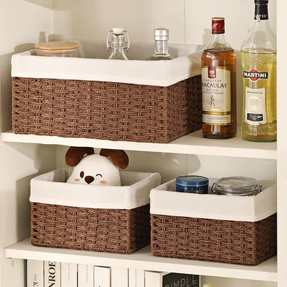 Vagusicc Wicker Basket, Set of 3 Hand-woven Storage Baskets for Organizing, Decorative Rectangle Wicker Storage Basket Bins with Handles, Small Toilet Paper Storage Baskets for Shelves & Decor, Brown