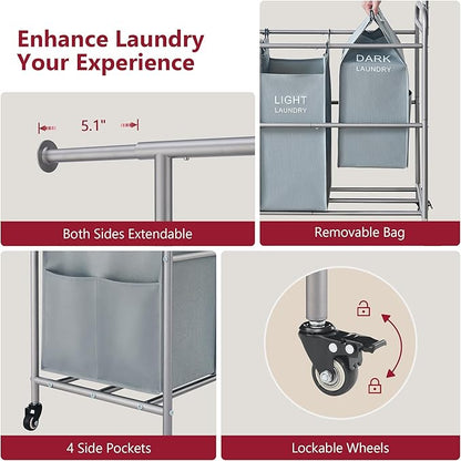 Tajsoon Laundry Sorter with Hanging Bar, 4 Section Rolling Laundry Hamper with Heavy Duty Lockable Wheels, Laundry Sorter Cart for Bathroom & Bedroom, Gray