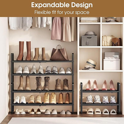 SAYZH Expandable Shoe Rack for Closet, Adjustable Metal Shoe Organizer with Sturdy Mesh Shelves for Boots & Heels, Stackable Shoe Storage for Entryway, Garage, Small Spaces (Black, 4-Tier)