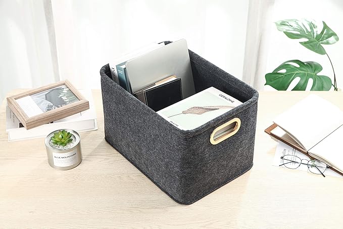 Collapsible Storage Bins Foldable Felt Fabric Storage Basket Organizer Boxes Containers with Handles Metal Handles for Nursery Toys,Kids Room,Clothes,Towels,Magazine (Dark grey）