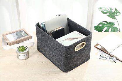 Collapsible Storage Bins Foldable Felt Fabric Storage Basket Organizer Boxes Containers with Handles Metal Handles for Nursery Toys,Kids Room,Clothes,Towels,Magazine (Dark grey）