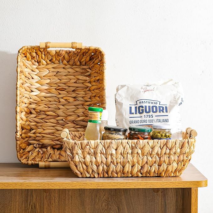 Mowtanco Woven Storage Baskets – Set of 2 Handwoven Water Hyacinth Wicker Baskets with Wooden Handles for Organizing, Decorative Baskets for Laundry Room, Home Decor - 2 Medium