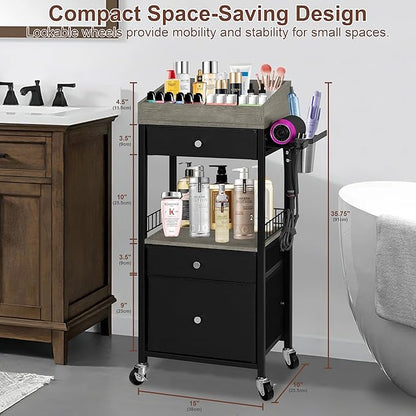 Makeup Organizer Cart with 3 Drawers, Rolling Cosmetic Storage Cart with Adjustable Dividers, Detachable Hair Tool Holder & Lockable Wheels, Vanity Organizer for Small Spaces, Black & Grey