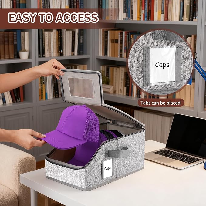 VZZNN Stackable Hat Organizer for Baseball Caps - Holds 12 Caps, Clear View Lid, Space Saving Closet Storage (Set of 4, Breathable Fabric)
