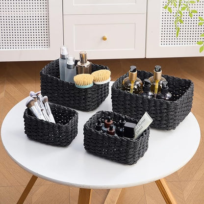 4PCS Woven Storage Baskets Set, Small Baskets for Organizing, Square Handwoven Paper Rope Organizer Bins for Shelves and Home Storage (Black)