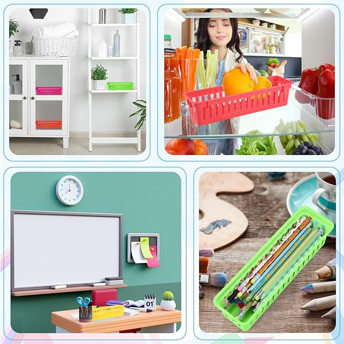 6 Pcs Colorful Slim Plastic Storage Baskets Tray 10 x 3 x 2.5 Inch Compact Stackable Desk Organizer for Office, Classroom, School Supplies, and Home Storage, Organization(Colorful)