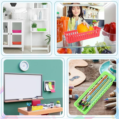 6 Pcs Colorful Slim Plastic Storage Baskets Tray 10 x 3 x 2.5 Inch Compact Stackable Desk Organizer for Office, Classroom, School Supplies, and Home Storage, Organization(Colorful)