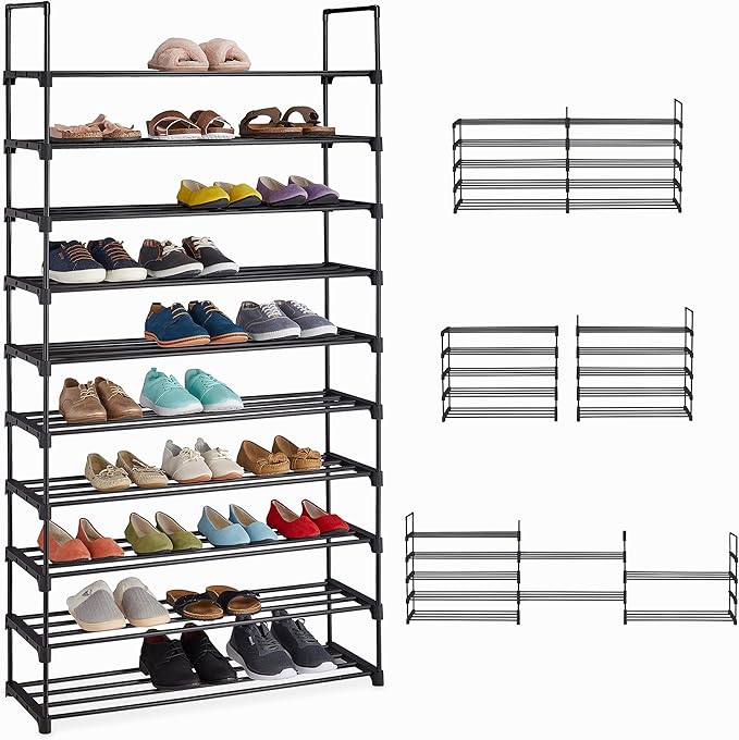 Relaxdays XXL Shoe Rack Plug-In System, 10 Levels, Modular, H x W x D: 175.5 x 93 x 30.5 cm, Metal Shoe Storage, Black