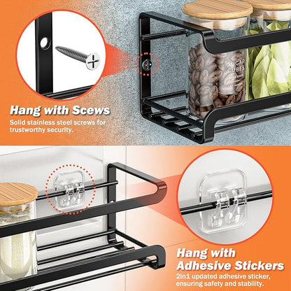 Bunoxea Spice Rack Wall Mounted 4 Pack,Space-Saving Spice Organizer for Spice Jars and Seasonings,Screw or Adhesive Hanging Spice Rack Organizer for Your Kitchen Cabinet,Pantry Door,11.41x2.75x2.75in