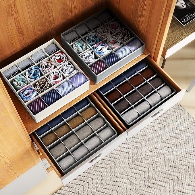 Joyoldelf Sock Drawer Organizer Divider Underwear Organizer 16-cell Fabric Dresser Drawer Organizers Storage Boxes for Socks Lingerie, Handkerchiefs, Ties 4 Pack (Black)
