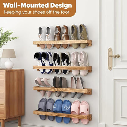 Nisorpa 30 Inch Rustic Burnt Wood Hanging Shoe Rack, Wall Mounted Shoe Rack Storage Organizer Space Saving Footwear Holder for Closet, Mudroom, Entryway, Holds 12 Pairs, Set of 4