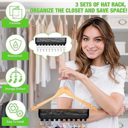 Baseball Cap Holder, 3 Pack Cap Organizer for Hanger & Closet, 10 Stainless Steel Hat Holder Clips to Hang Baseball Hats, Ball Caps, Accessories, Keep Your Closet Bedroom Door Tidy, Black Plastic Net