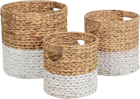 happimess BSK2011E-3SET Avery Bohemian Cottage Handwoven Hyacinth Cylinder Nesting Baskets with Handles, Natural/White (Set of 3)