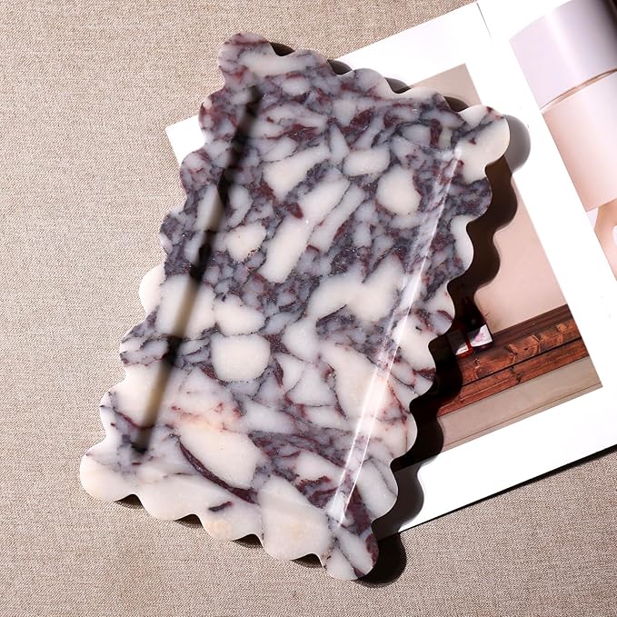Natural 100% Marble Vanity Tray Luxury Scalloped Marble Storage Square Rectangle Tray for Home Decor Stone Tray for Bathroom Kitchen Candle Key (Rectangle-11.8 * 7.4-Calacatta Viola)