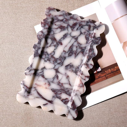 Natural 100% Marble Vanity Tray Luxury Scalloped Marble Storage Square Rectangle Tray for Home Decor Stone Tray for Bathroom Kitchen Candle Key (Rectangle-11.8 * 7.4-Calacatta Viola)