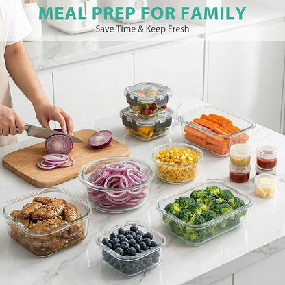 AMALEKO 34pc Glass Food Storage Containers with Lids Set, Airtight Glass Meal Prep Containers, Leak Proof Lunch Container BPA-Free, Microwave, Oven, Freezer, Dishwasher Safe-Gray