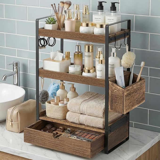 3-Tier Bathroom Counter Organizer with Drawer Basket and Hooks, Wood Bathroom Organizers and Storage for Countertop, Farmhouse Dark Brown Countertop Organizer, Counter Shelf for Vanity, Kitchen,Office