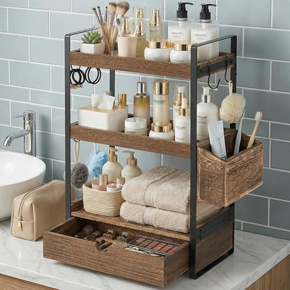 3-Tier Bathroom Counter Organizer with Drawer Basket and Hooks, Wood Bathroom Organizers and Storage for Countertop, Farmhouse Dark Brown Countertop Organizer, Counter Shelf for Vanity, Kitchen,Office