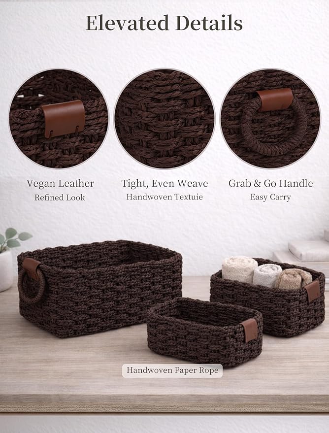 Storage Basket, Recycled Paper Rope Basket Organizer, 3Pcs Small Baskets for Organizing, Mini wicker Basket for Decorative Storage Bins, Shelves, Cabinet - Dark Brown