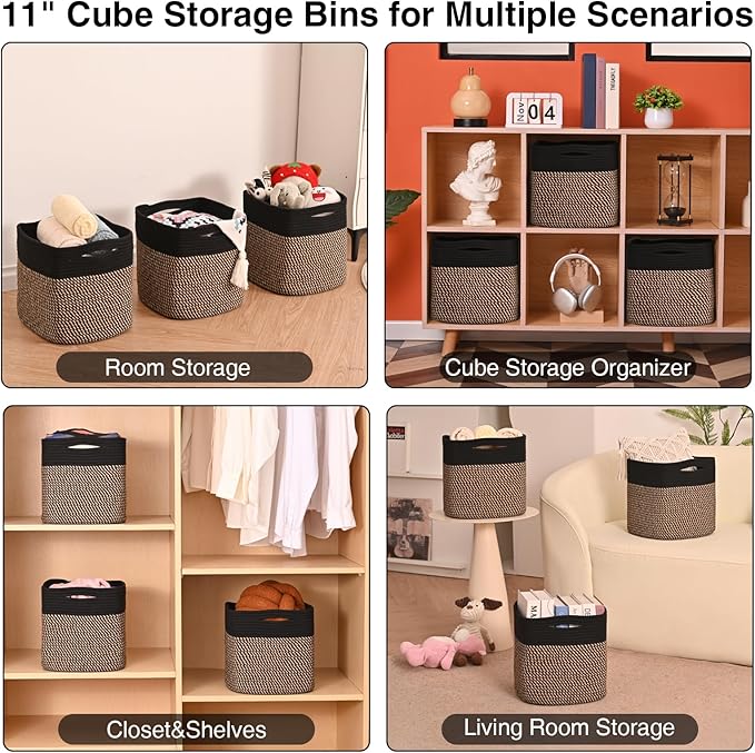 11 Inch Cube Storage Bins, 11x11 Cube Storage Bins for Cube Organizer, Square Cloth Storage Cubes, Woven Storage Baskets for Shelves, Toy Baskets Storage Kids, Black & Jute (Pack of 3)