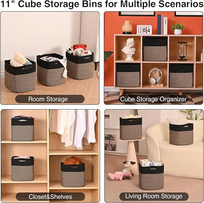 11 Inch Cube Storage Bins, 11x11 Cube Storage Bins for Cube Organizer, Square Cloth Storage Cubes, Woven Storage Baskets for Shelves, Toy Baskets Storage Kids, Black & Jute (Pack of 3)