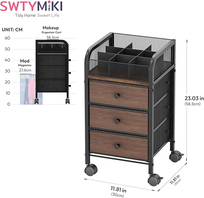 SWTYMIKI Rolling Makeup Organizer Cart - Under Desk Vanity Makeup Storage with 3 Non-woven Drawers, Nail Cart Organizer Cosmetic Display Cases Cabinet for Skin Care Perfume Nail Polish Brush Hair Tool