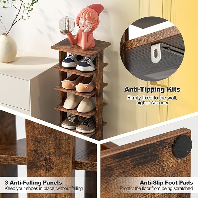 BETTARY 8 Tier Vertical Shoe Rack, Narrow Wooden Corner Shoe Organizer for Small Spaces, Removable Shelves, Anti-toppling Device, Shoe Tower for Entryway, Closet, Bedroom (Rustic Brown, Single Row)