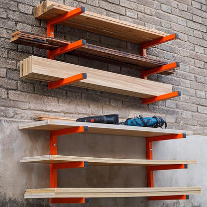 MOOMSINE Lumber Storage Rack Wall Mounted, 6-Level Holds Up 1200 Lbs Heavy Duty Wood Organizer, Metal Shelf for Shed, Workshop, Garage - 4pack, Orange