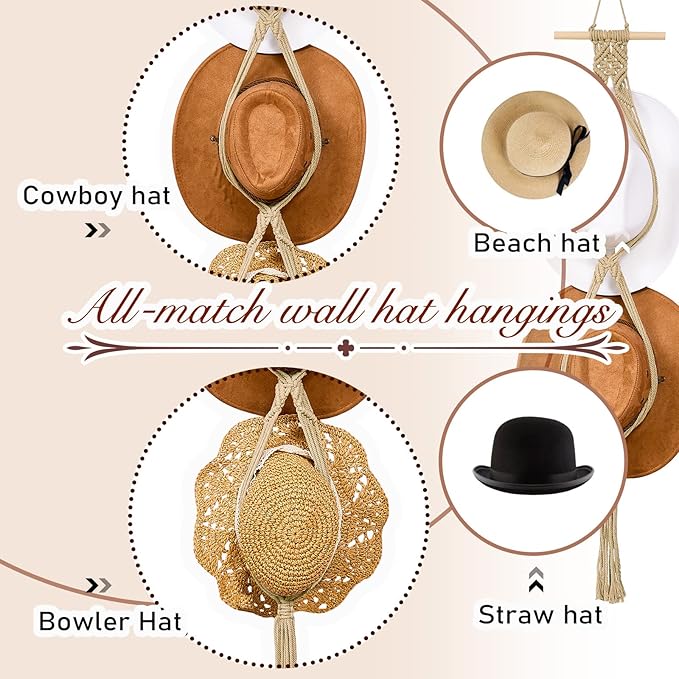 Yulejo Macrame Hat Hangers Racks Boho Cowboy Hats Holders Western Display Organizer Storage decor Back of Door for Wall(Beige,Two Hats Style)